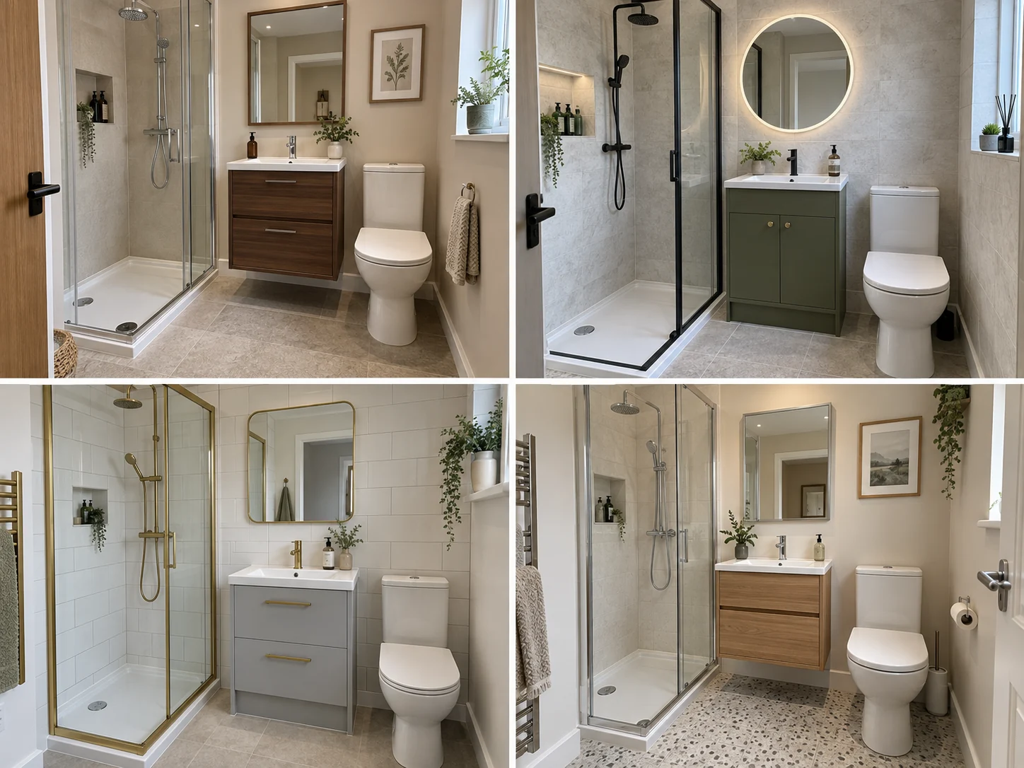 Compact shower room with pale stone walls, moss green vanity, black screen